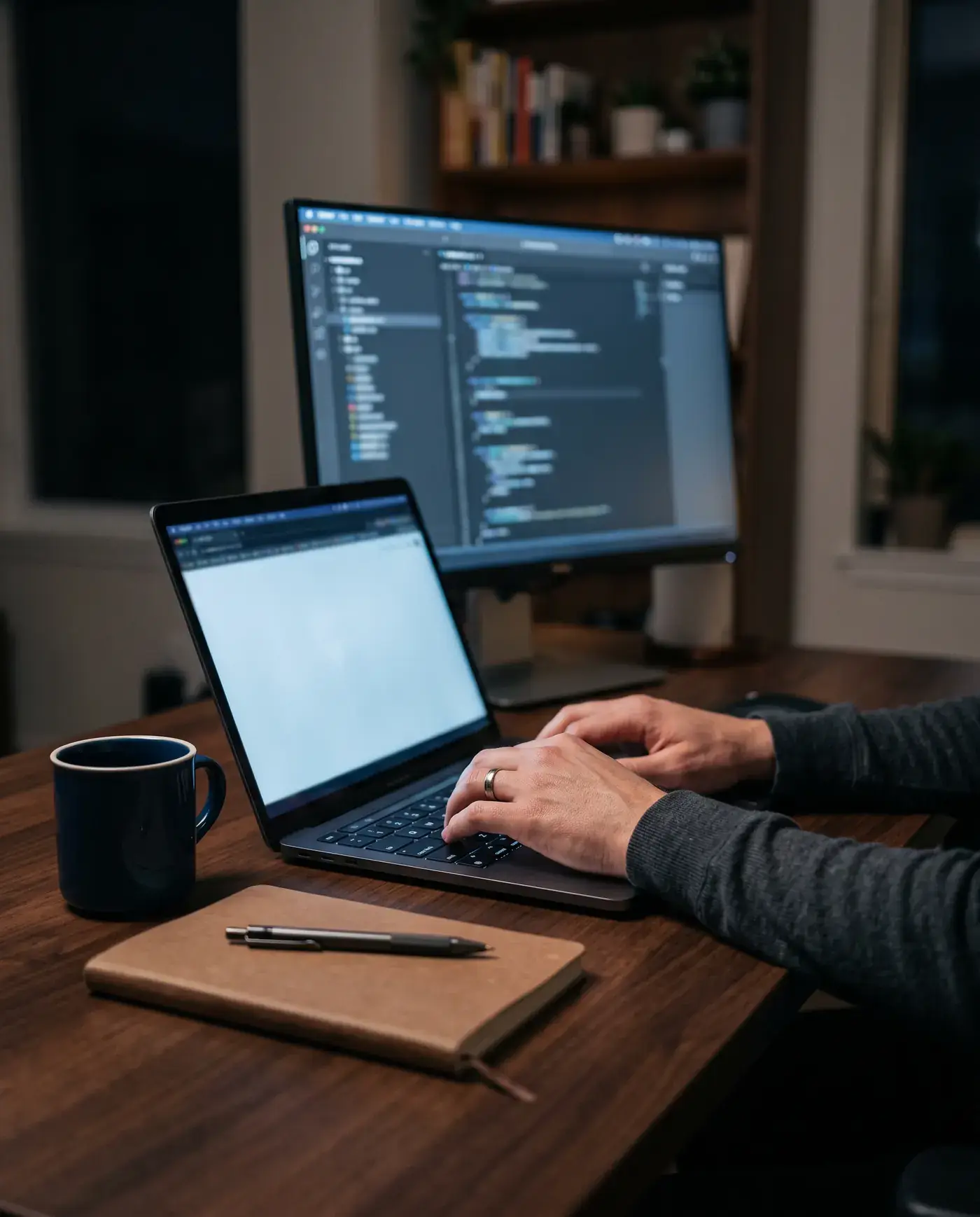 Un bureau avec un ordinateur portable et un écran, des mains posées sur le clavier.
