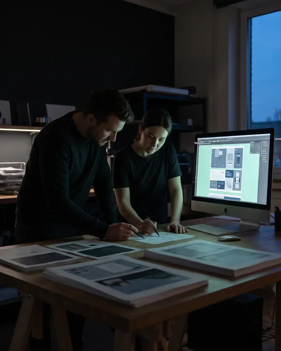 Deux designers examinant des épreuves imprimées à côté d'un écran dans un studio sombre.