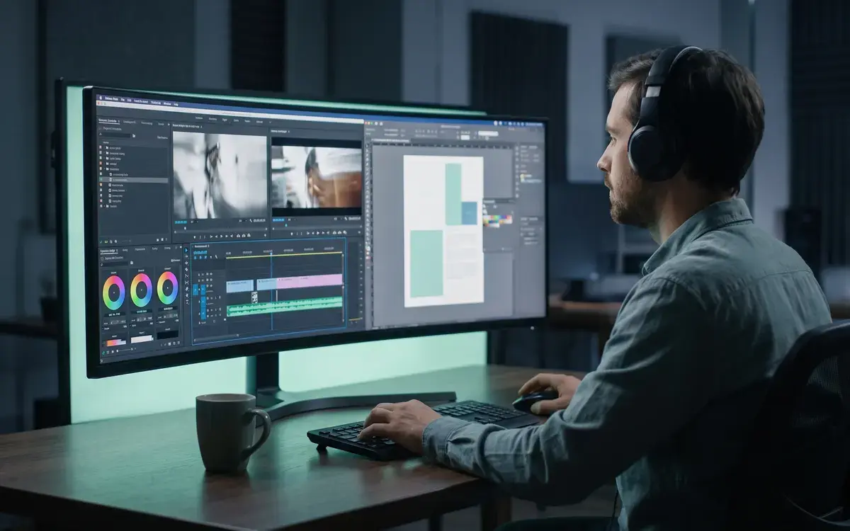Un designer étalonne une vidéo à côté d'une mise en page, sur un large écran.