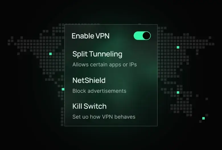 Un panneau de réglages VPN sur une carte du monde des centres de données.