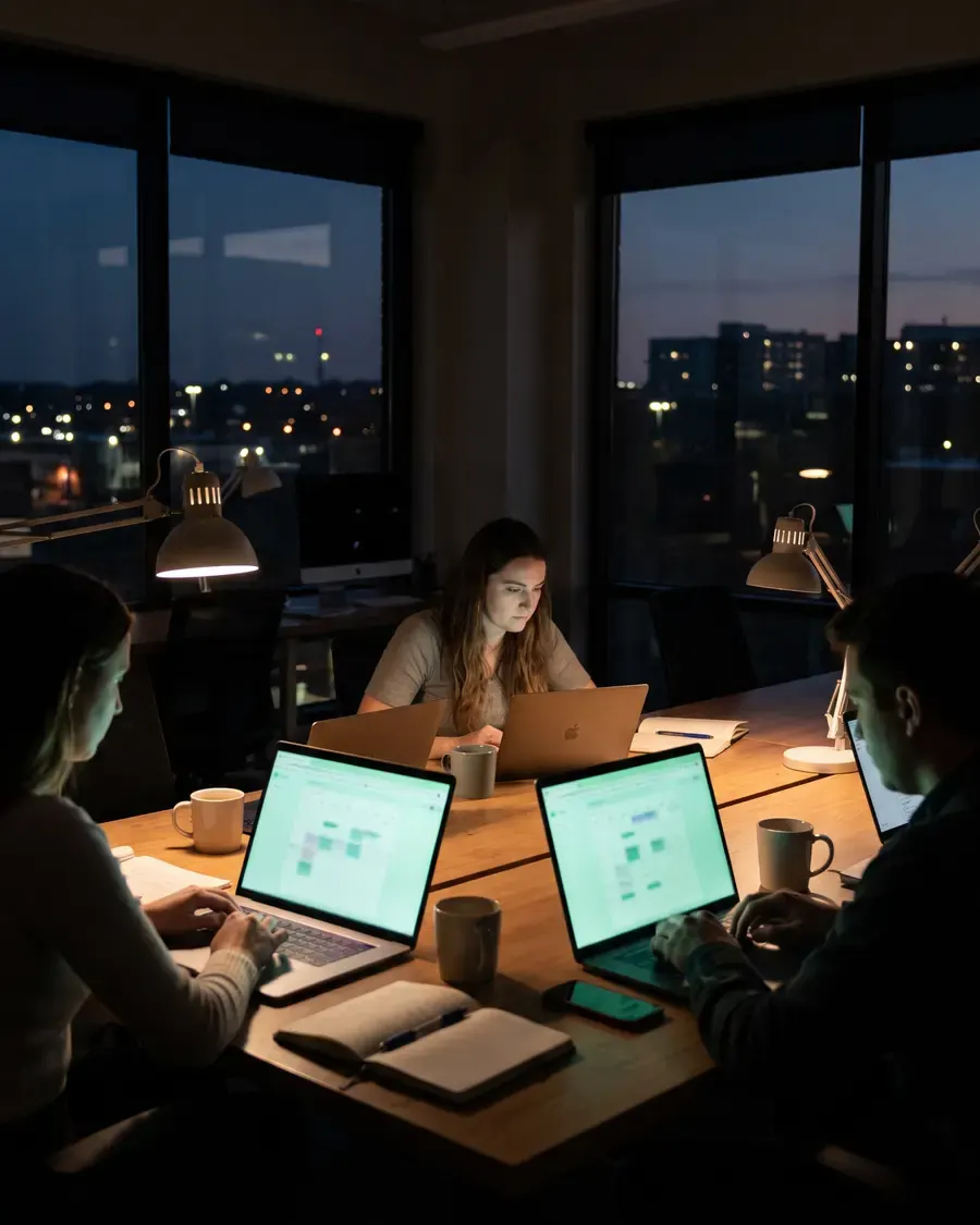 Une petite équipe travaillant sur des ordinateurs portables dans un bureau sombre en soirée.