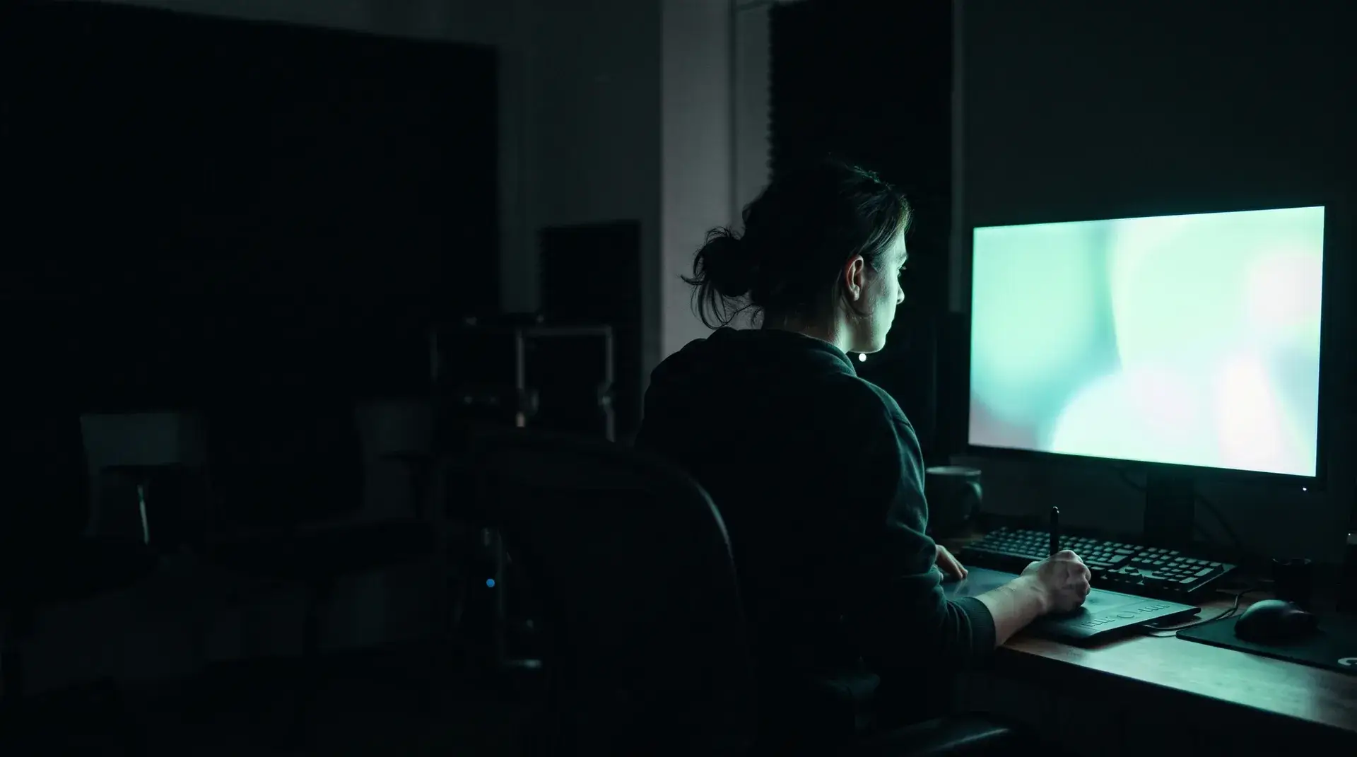 Un designer au travail sur un large écran dans un studio plongé dans la pénombre.