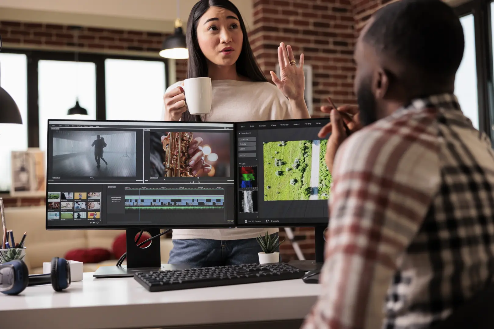 Colleagues discussing video editing project at desk