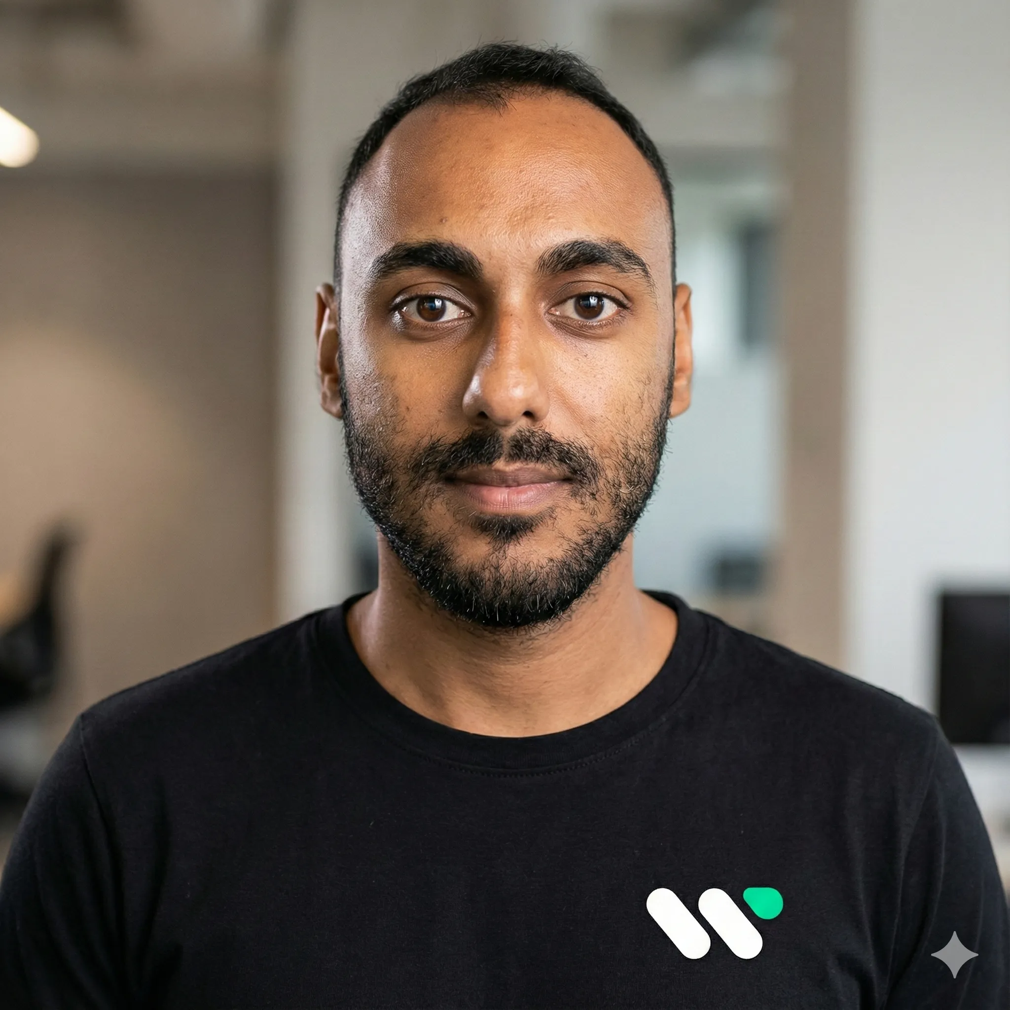 A man with short hair and a trimmed beard stands indoors, wearing a black T-shirt with a white and green logo. The background is softly blurred, showing an office setting.
