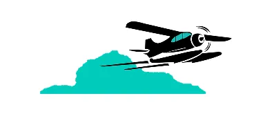 A black silhouette of a small propeller aeroplane flying above a teal-coloured cloud shape represents managed cloud services on a white background.
