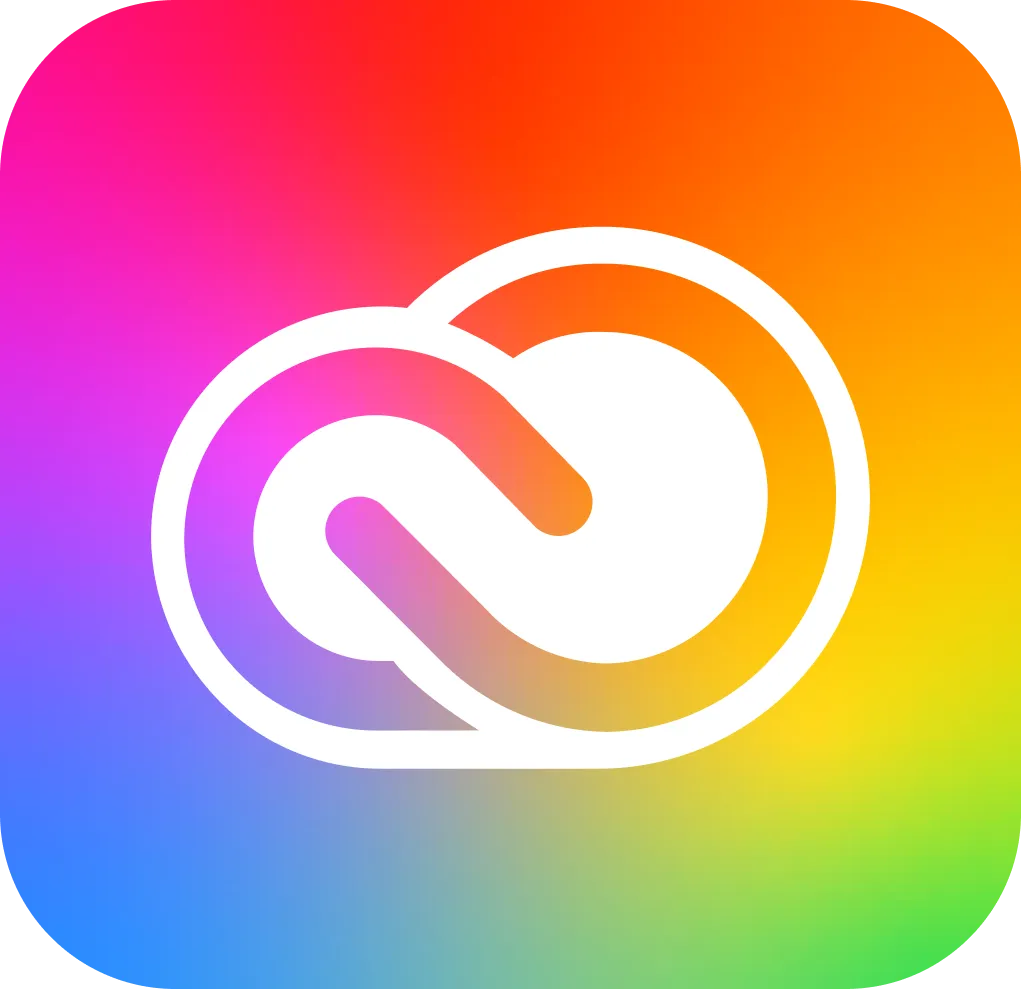 A white infinity loop icon on a vibrant, rainbow-coloured gradient background, representing the Adobe Creative Cloud logo.